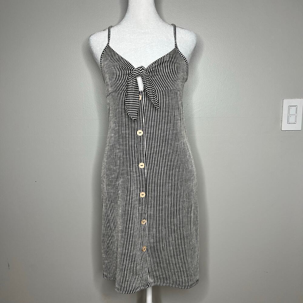 NWT Women's Sz Med Black White Striped Keyhole Tie Chest Button Front Dress Mini